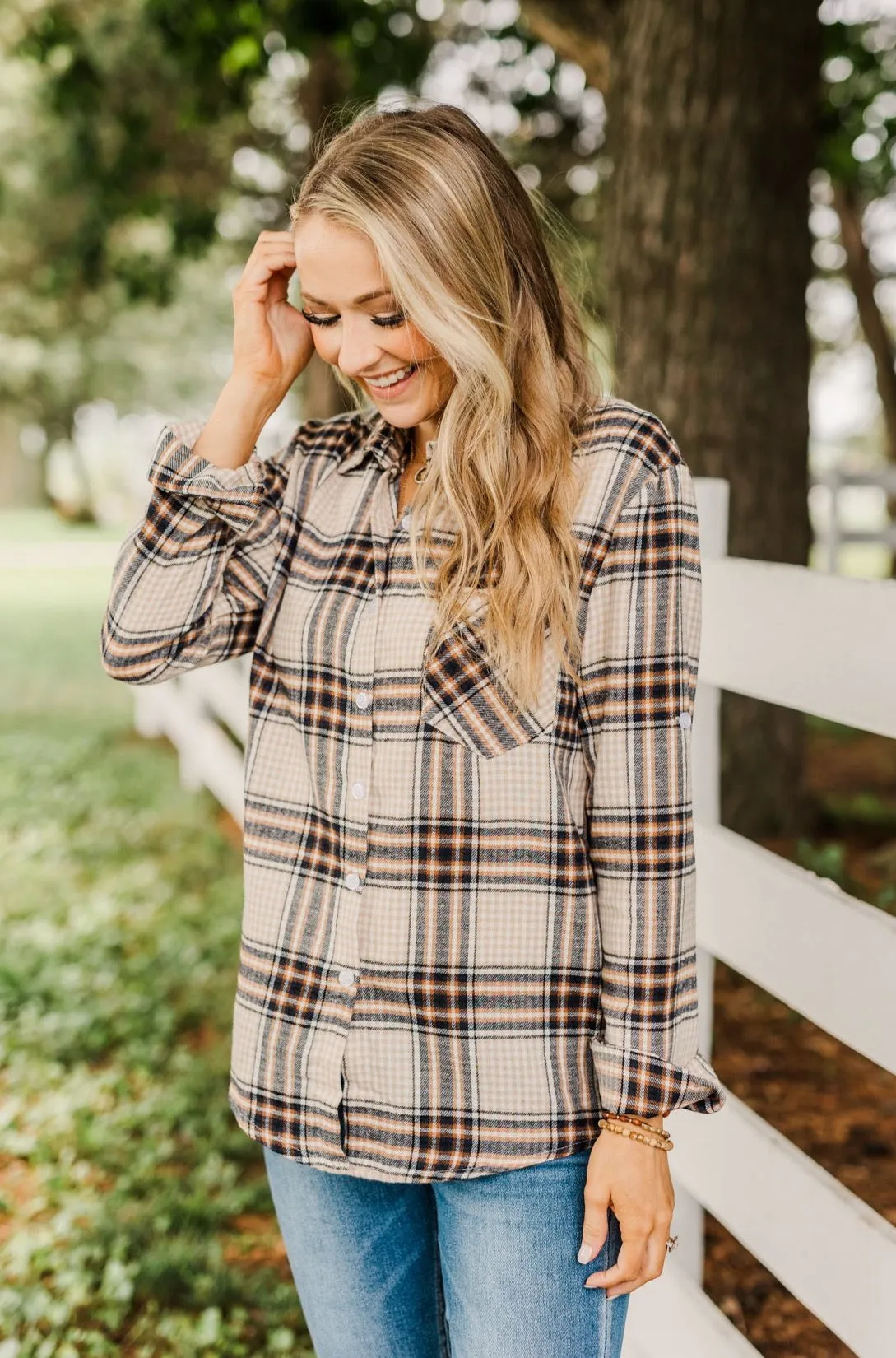 Made Up My Mind Plaid Button Top- Camel, Ivory, Navy