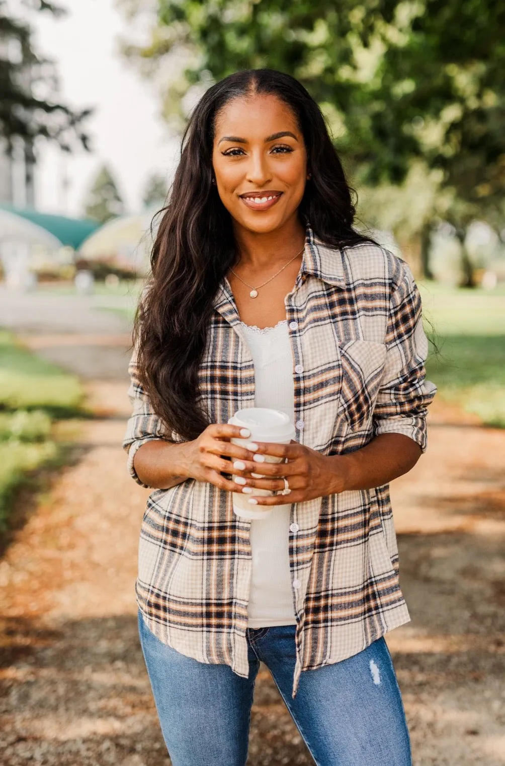 Made Up My Mind Plaid Button Top- Camel, Ivory, Navy