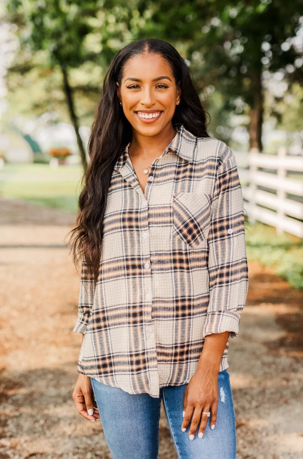 Made Up My Mind Plaid Button Top- Camel, Ivory, Navy