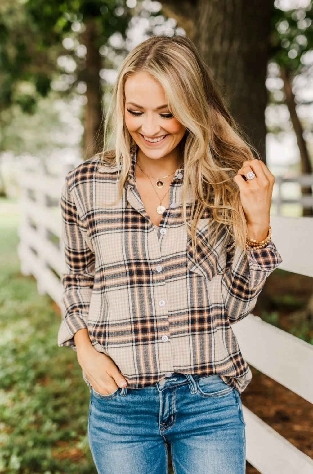 Made Up My Mind Plaid Button Top- Camel, Ivory, Navy