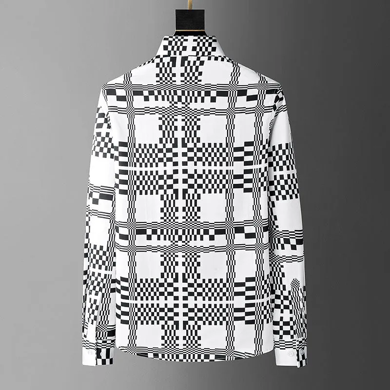 Men's Casual Black White Contrast Grid Print Pattern Long Sleeve Shirt