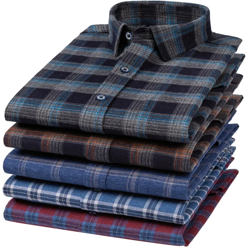 Men's Casual Cotton Standard-fit Plaid Striped Long Sleeve Shirts