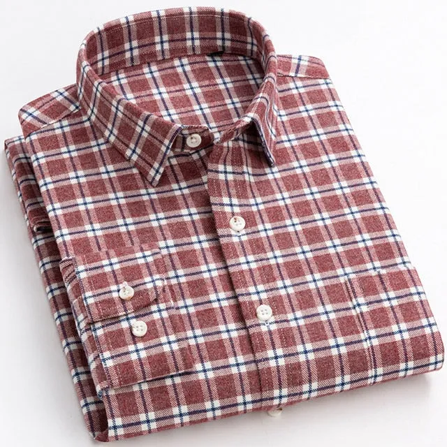 Men's Cotton Casual Standard-fit Plaid Striped Long Sleeve Shirt