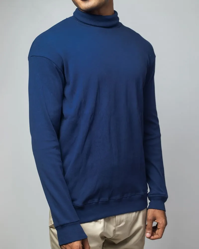 Men’s Long Sleeve Ribbed Navy Blue Turtleneck Pullover