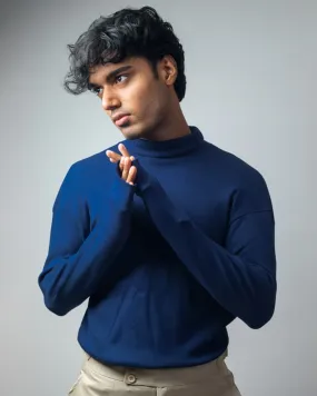 Men’s Long Sleeve Ribbed Navy Blue Turtleneck Pullover