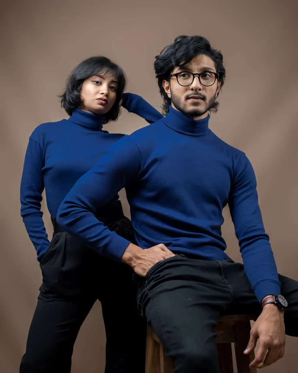 Men’s Long Sleeve Ribbed Navy Blue Turtleneck Pullover