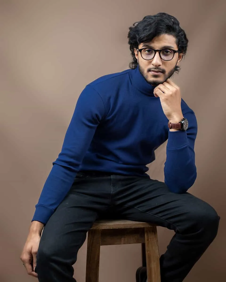 Men’s Long Sleeve Ribbed Navy Blue Turtleneck Pullover