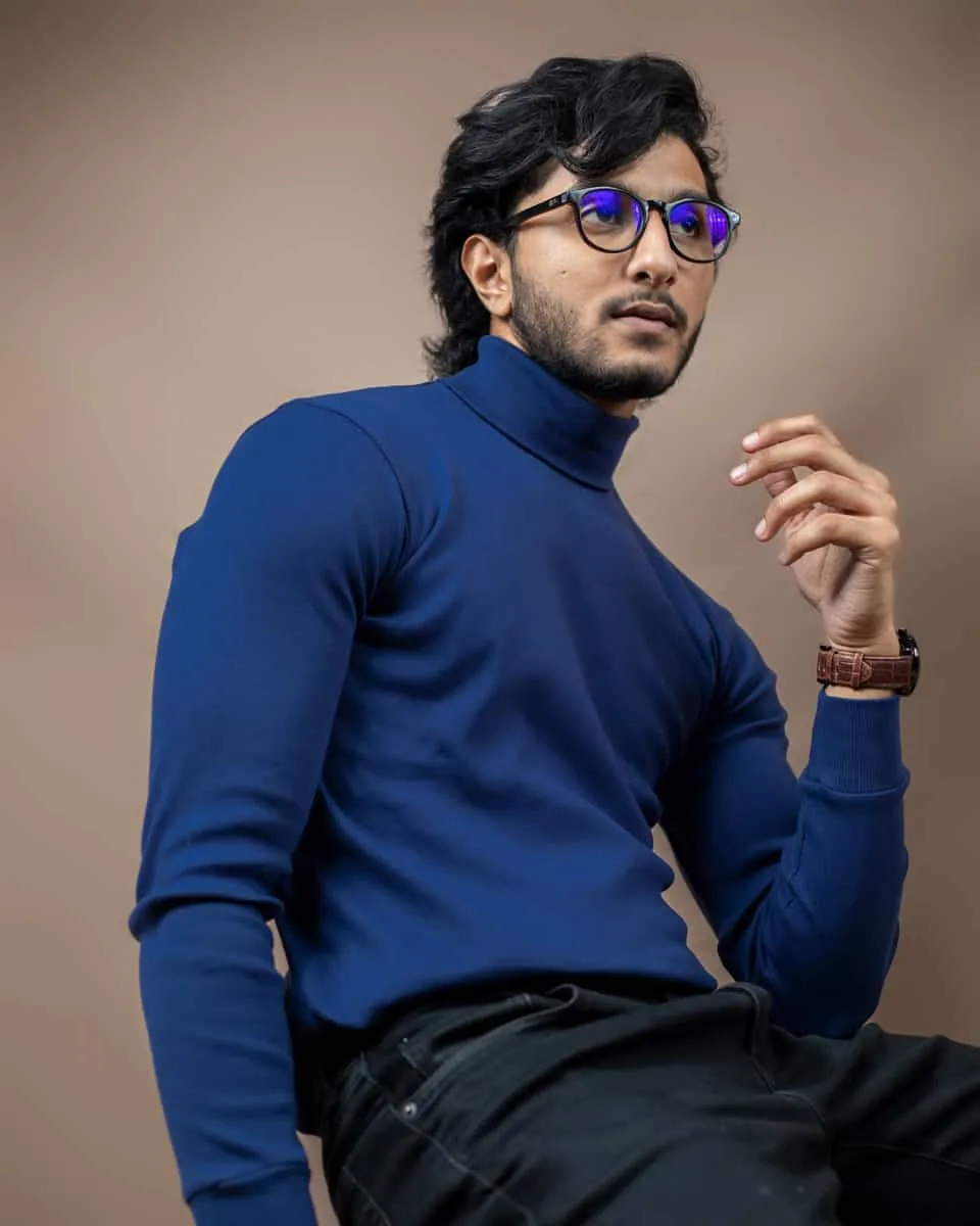 Men’s Long Sleeve Ribbed Navy Blue Turtleneck Pullover