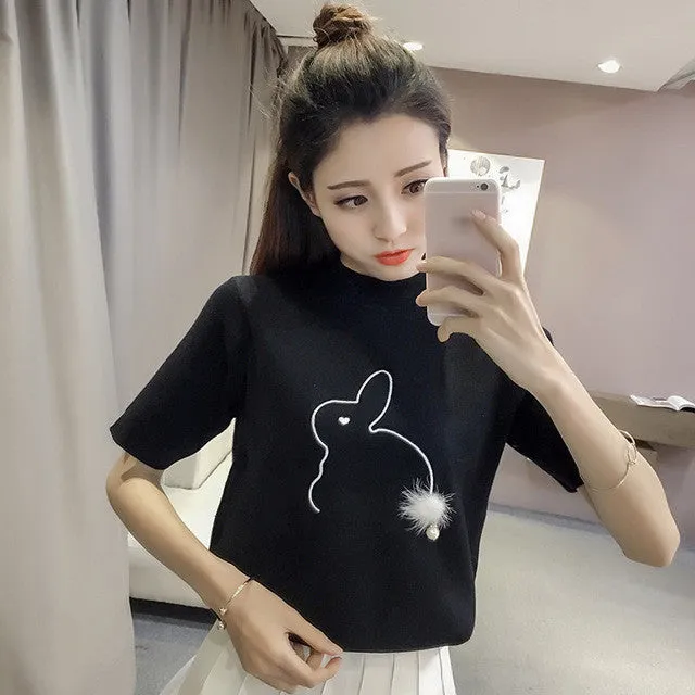 New  Women T shirts Fashion Turtleneck Cute Animal Patchwork T-shirt Female Plus Size Tops knitting Woman t shirt 72532 GS