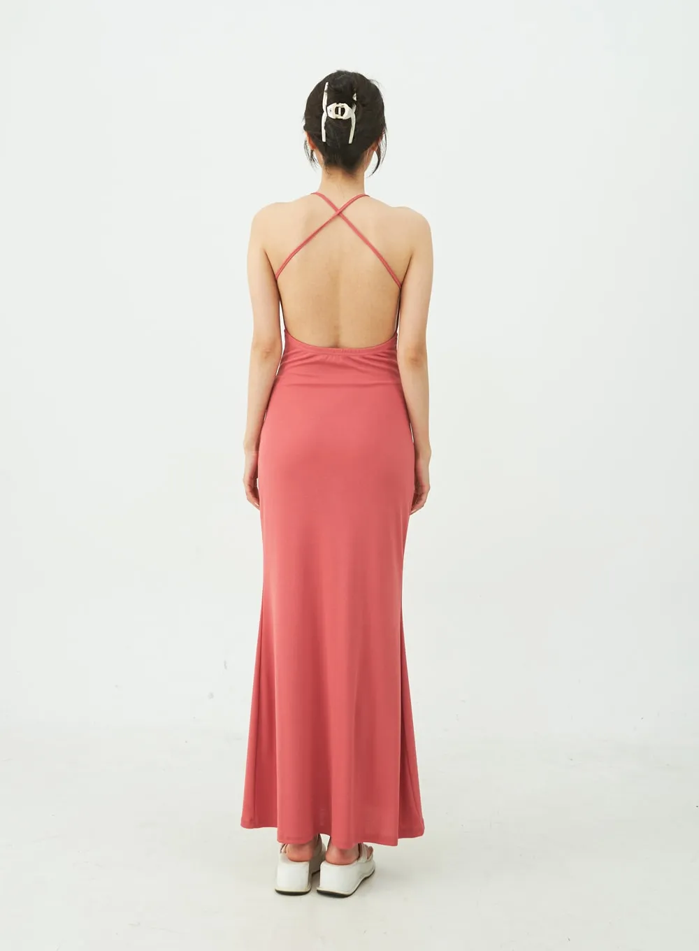 Open Back Cross Strap Maxi Dress IU11