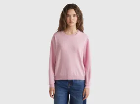 Relaxed fit pure Merino wool sweater - Pink | Benetton