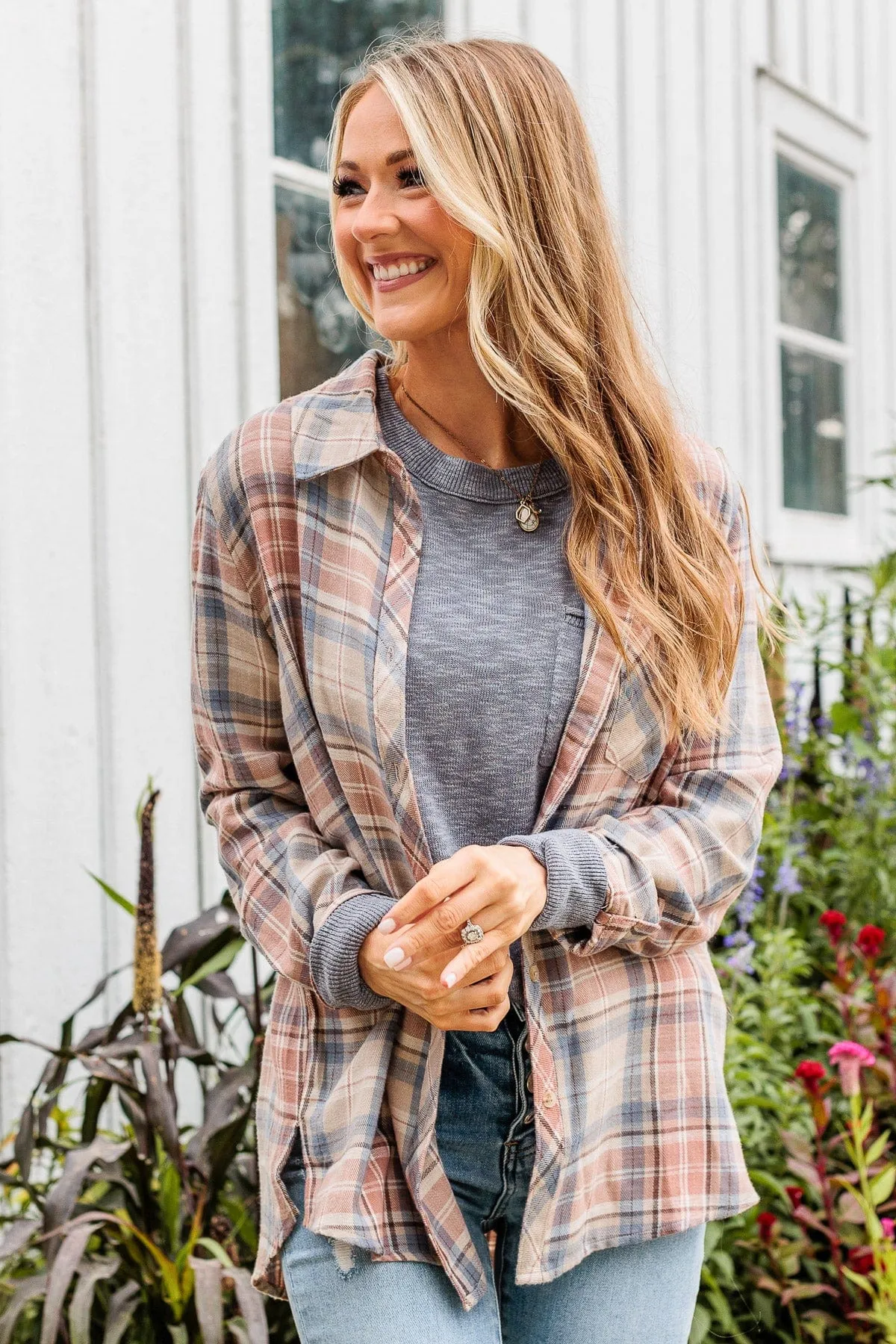 Right Place, Right Time Flannel Button Up Top- Slate