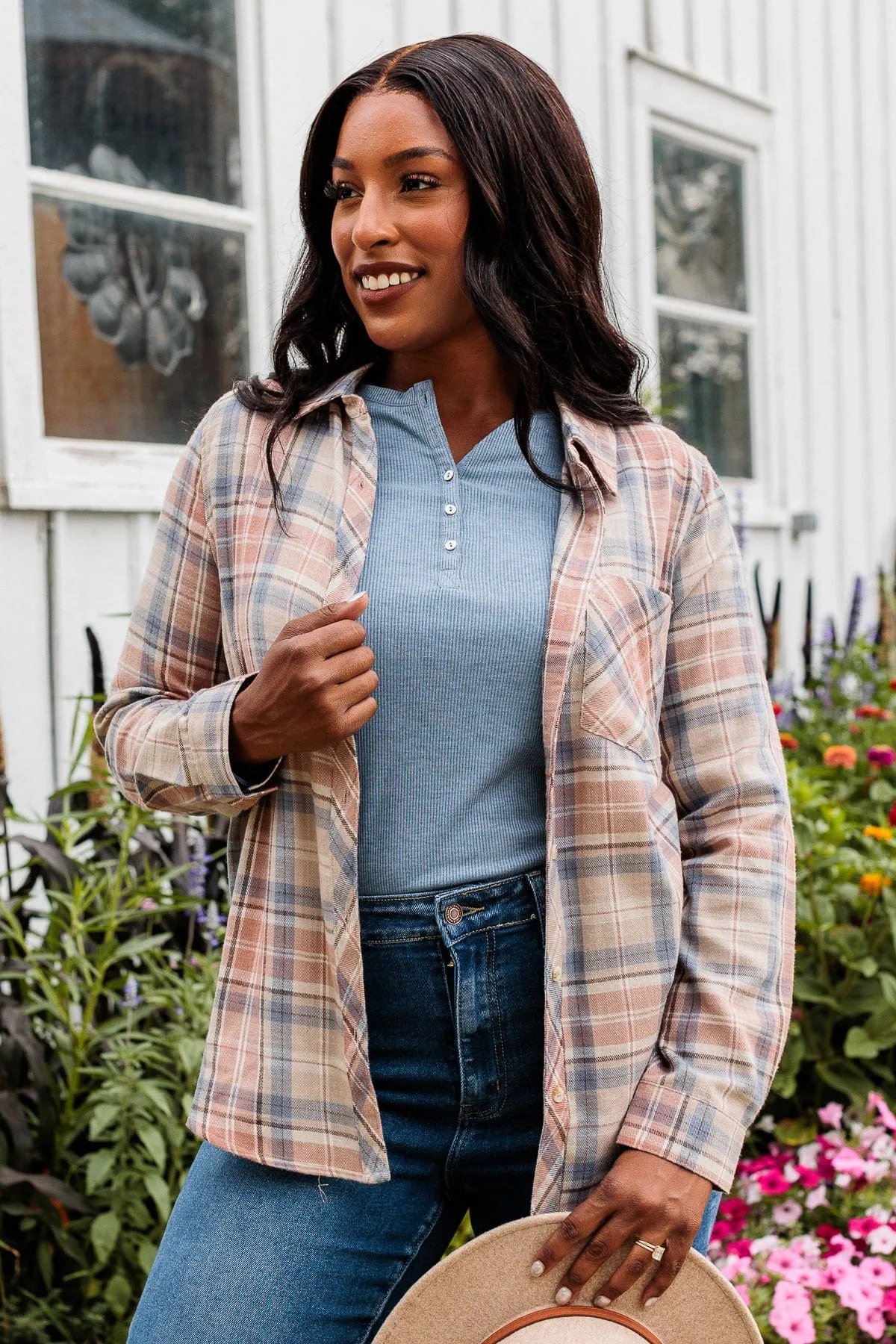 Right Place, Right Time Flannel Button Up Top- Slate