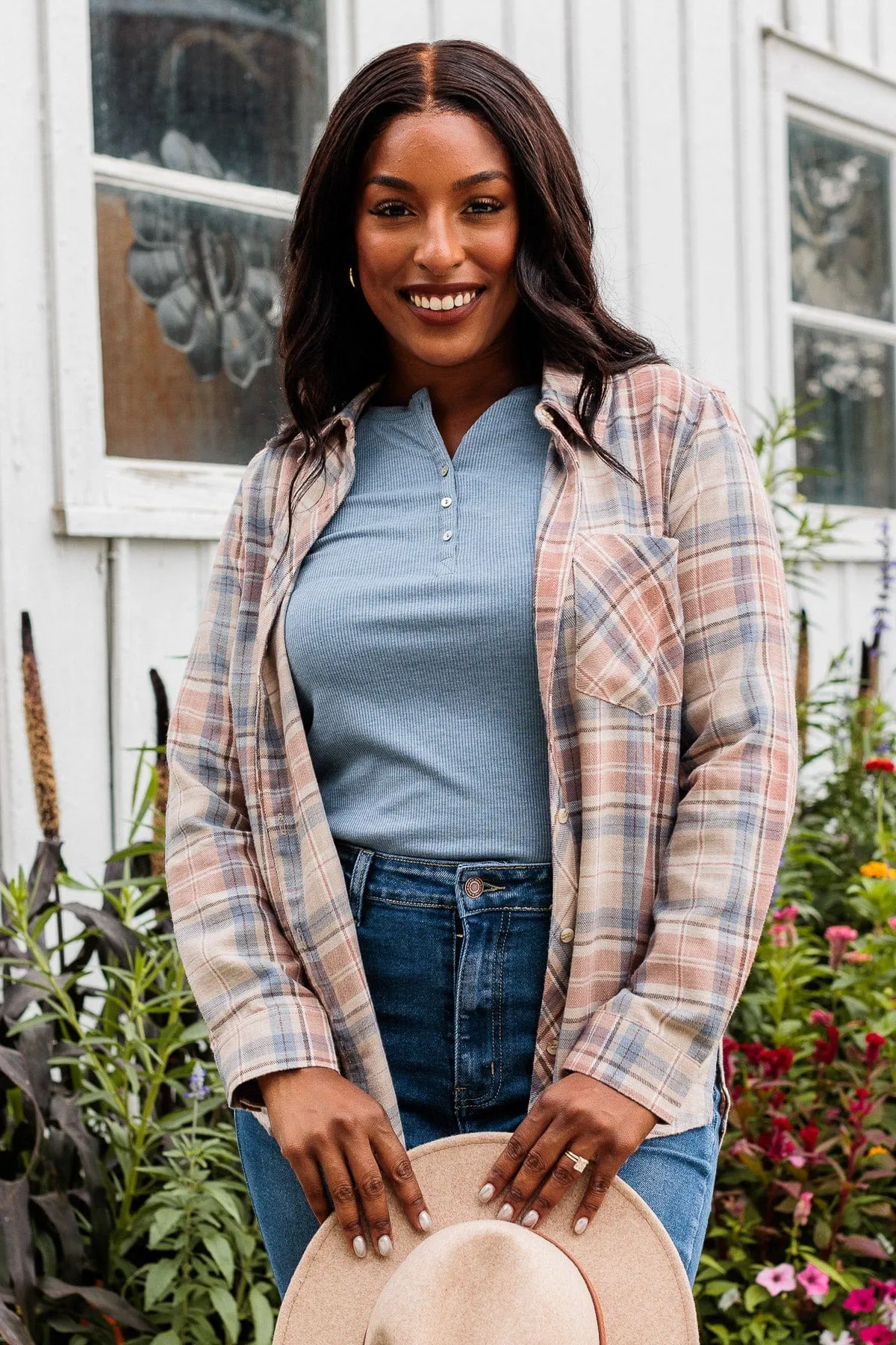 Right Place, Right Time Flannel Button Up Top- Slate