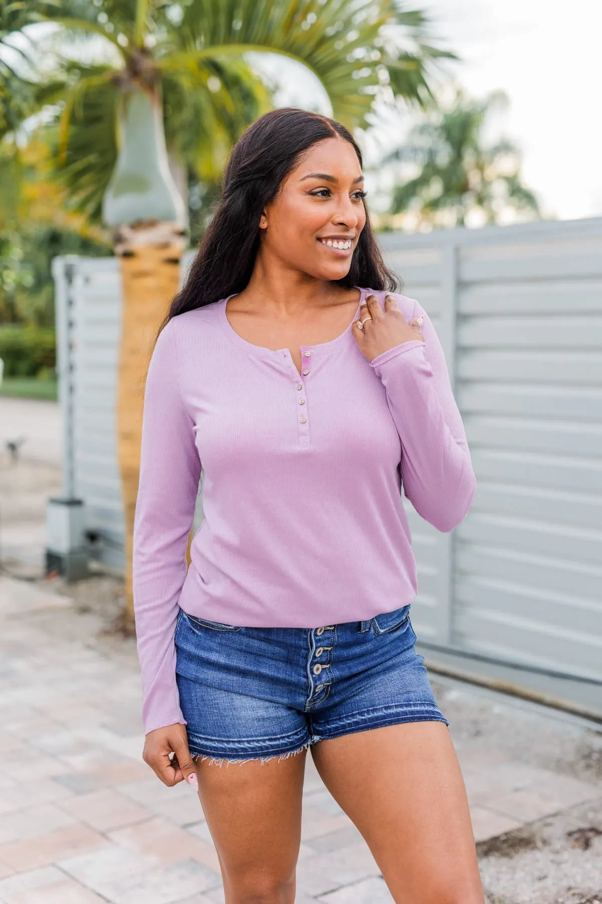 Rise To The Top Long Sleeve Henley Top- Lavender