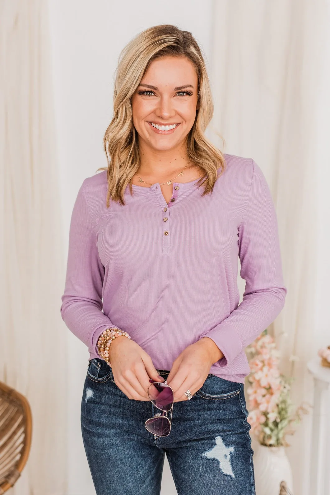 Rise To The Top Long Sleeve Henley Top- Lavender