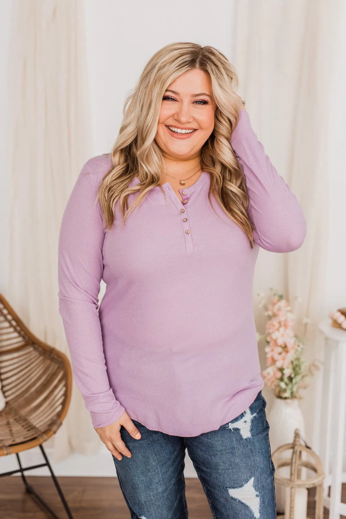 Rise To The Top Long Sleeve Henley Top- Lavender