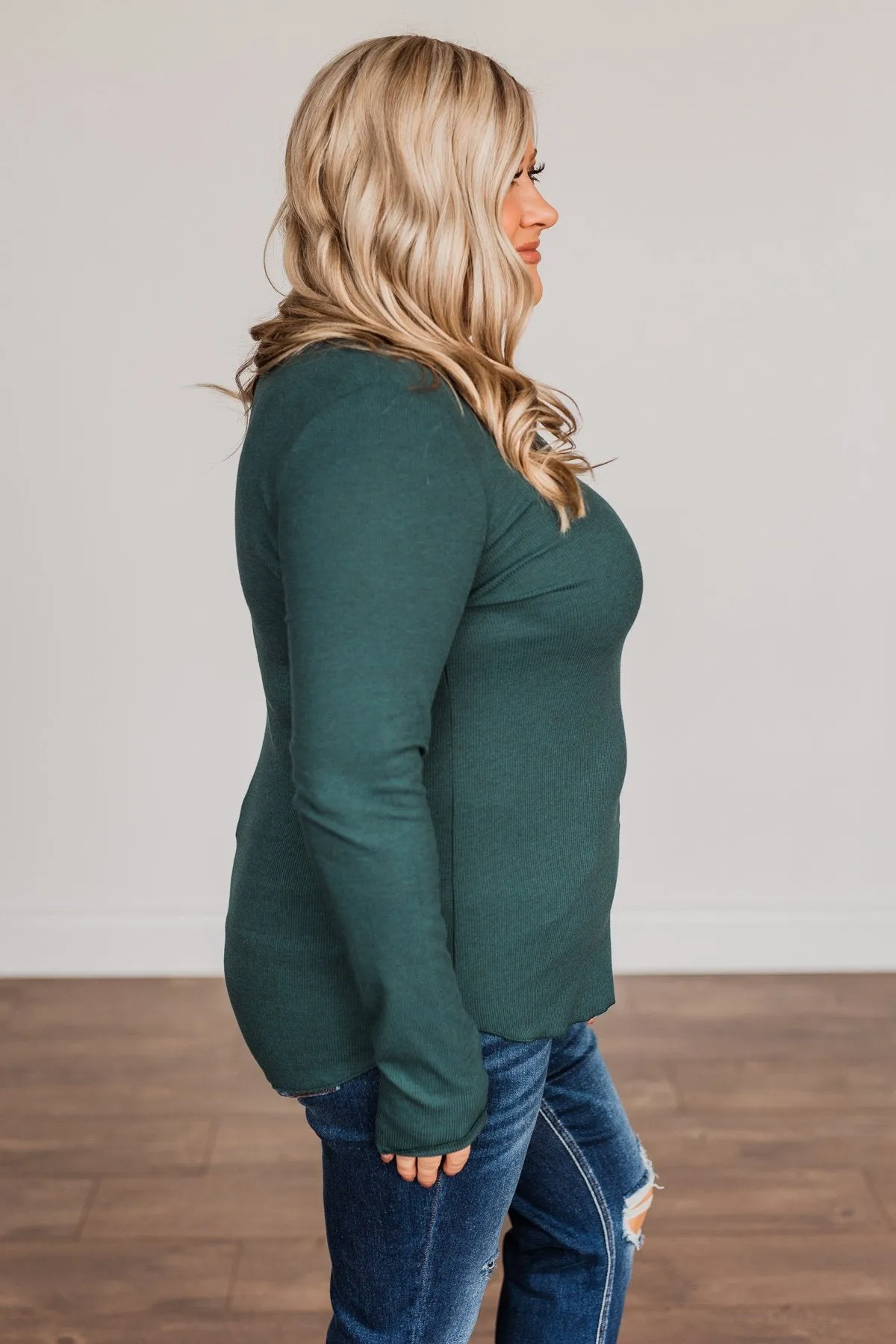 Rise To The Top Long Sleeve Henley Top- Wintergreen