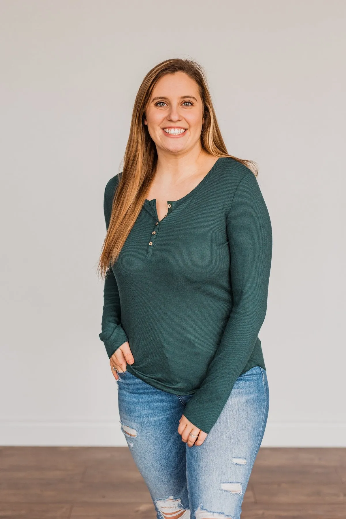 Rise To The Top Long Sleeve Henley Top- Wintergreen