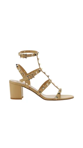 Rockstud Calfskin Ankle Strap Sandal 60MM - Cappuccino