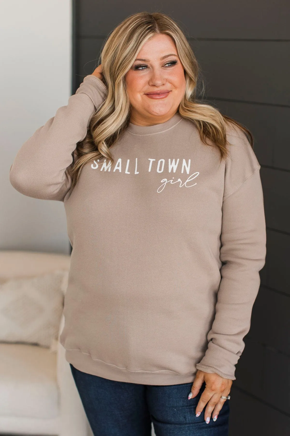 Small Town Girl Crew Neck Pullover- Tan