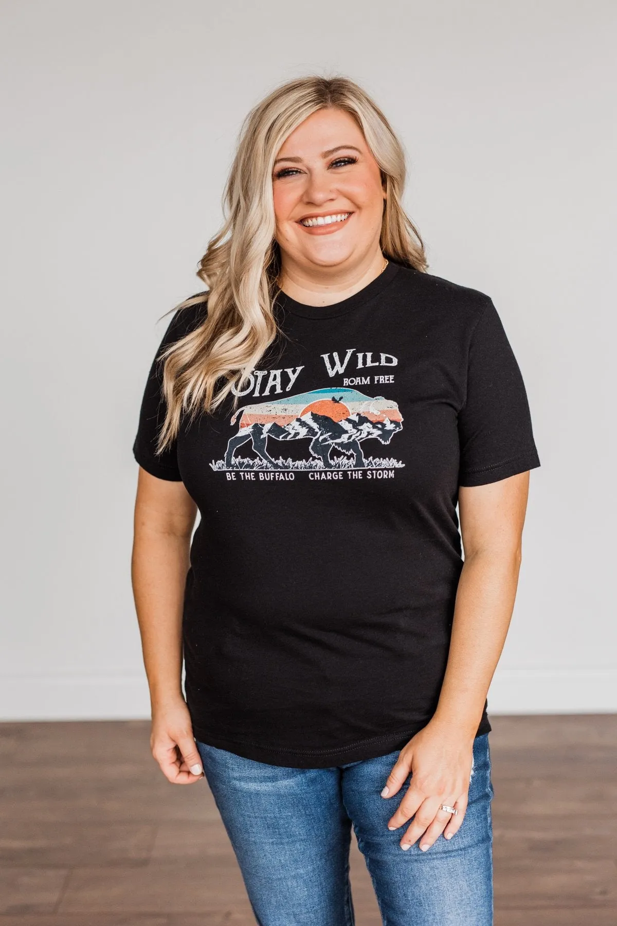 Stay Wild. Roam Free Buffalo Graphic Tee- Black