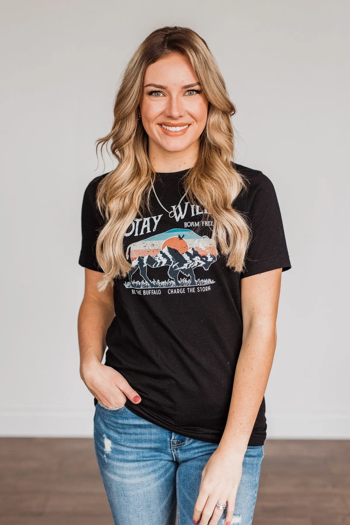 Stay Wild. Roam Free Buffalo Graphic Tee- Black