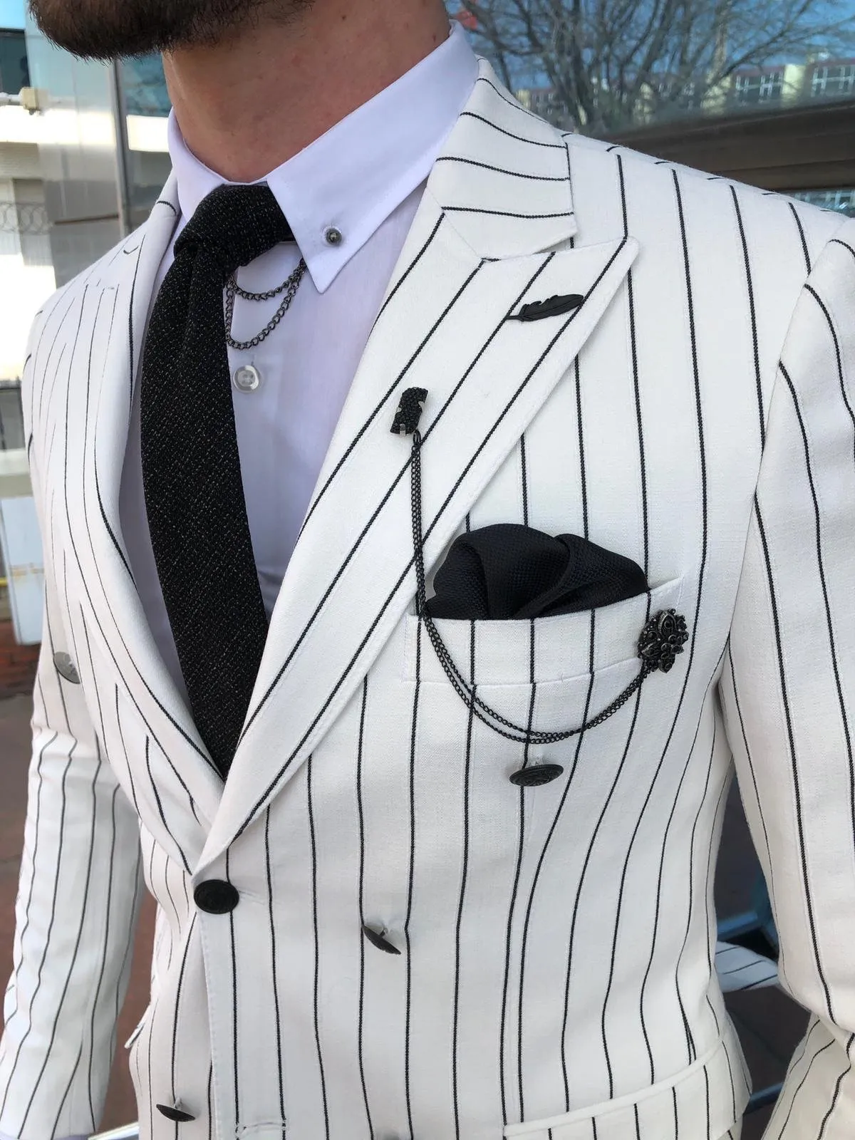 Stenos Slim-Fit Double Breasted Blazer in White