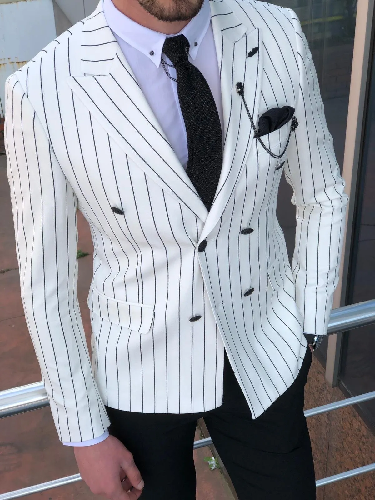 Stenos Slim-Fit Double Breasted Blazer in White