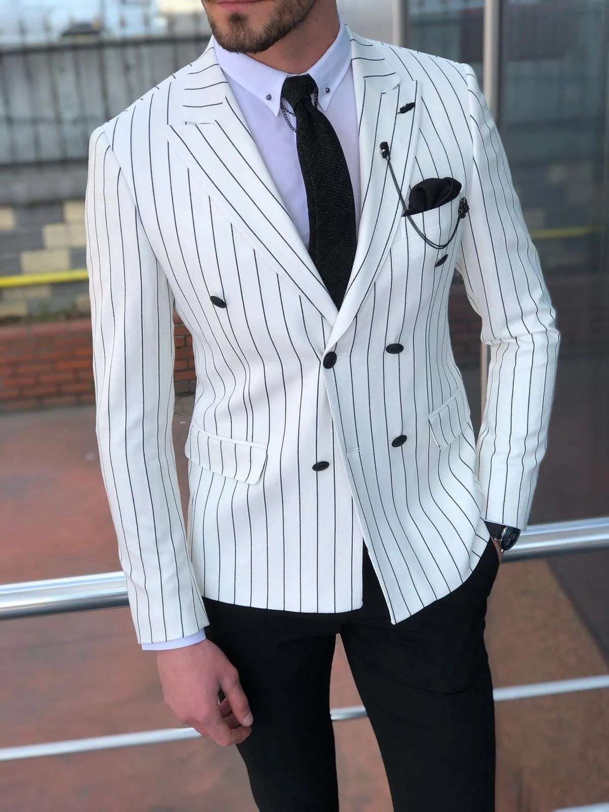 Stenos Slim-Fit Double Breasted Blazer in White