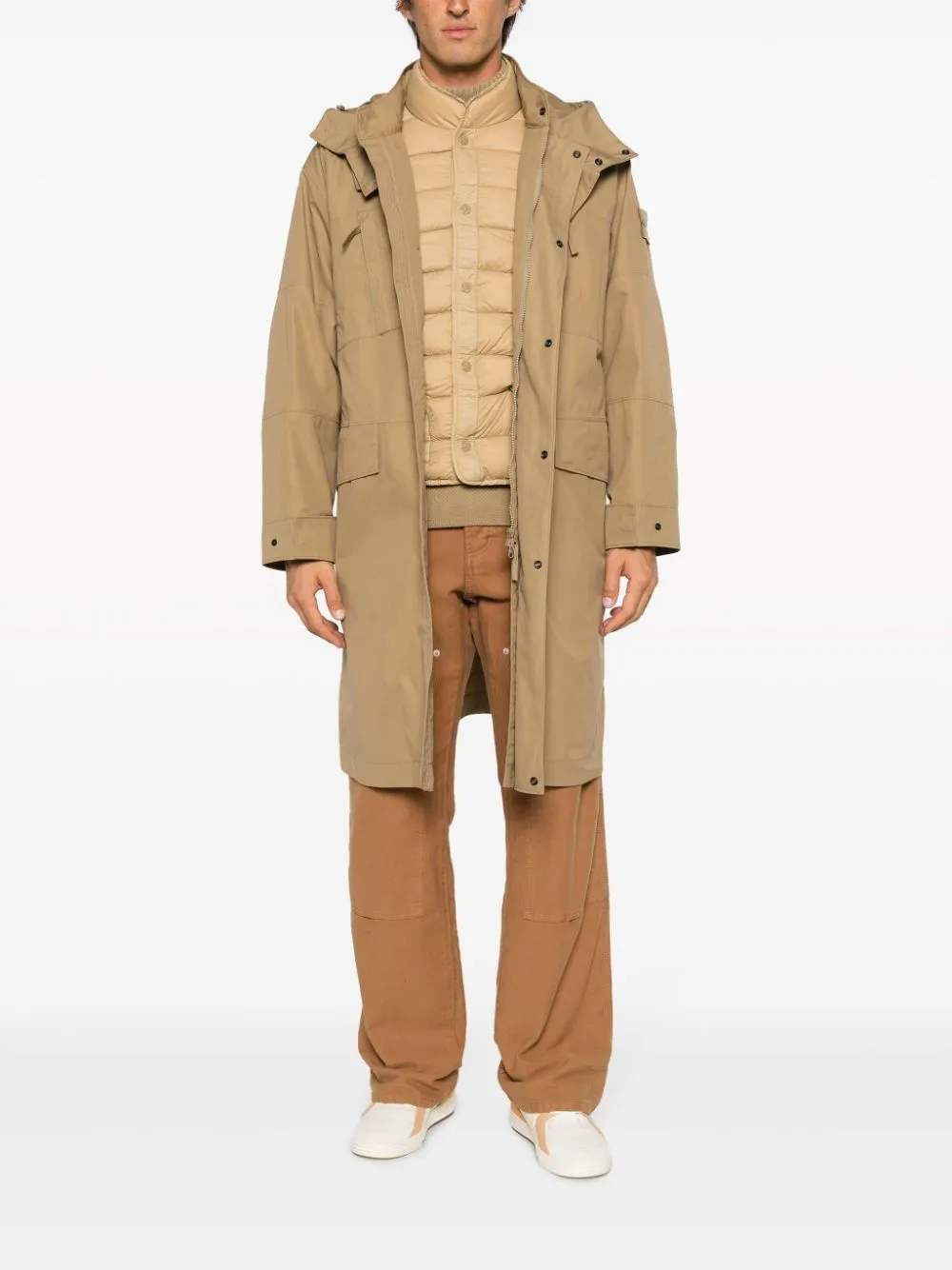 STONE ISLAND Men's Beige Windproof Cotton Parka Jacket with Detachable Panels and Hood