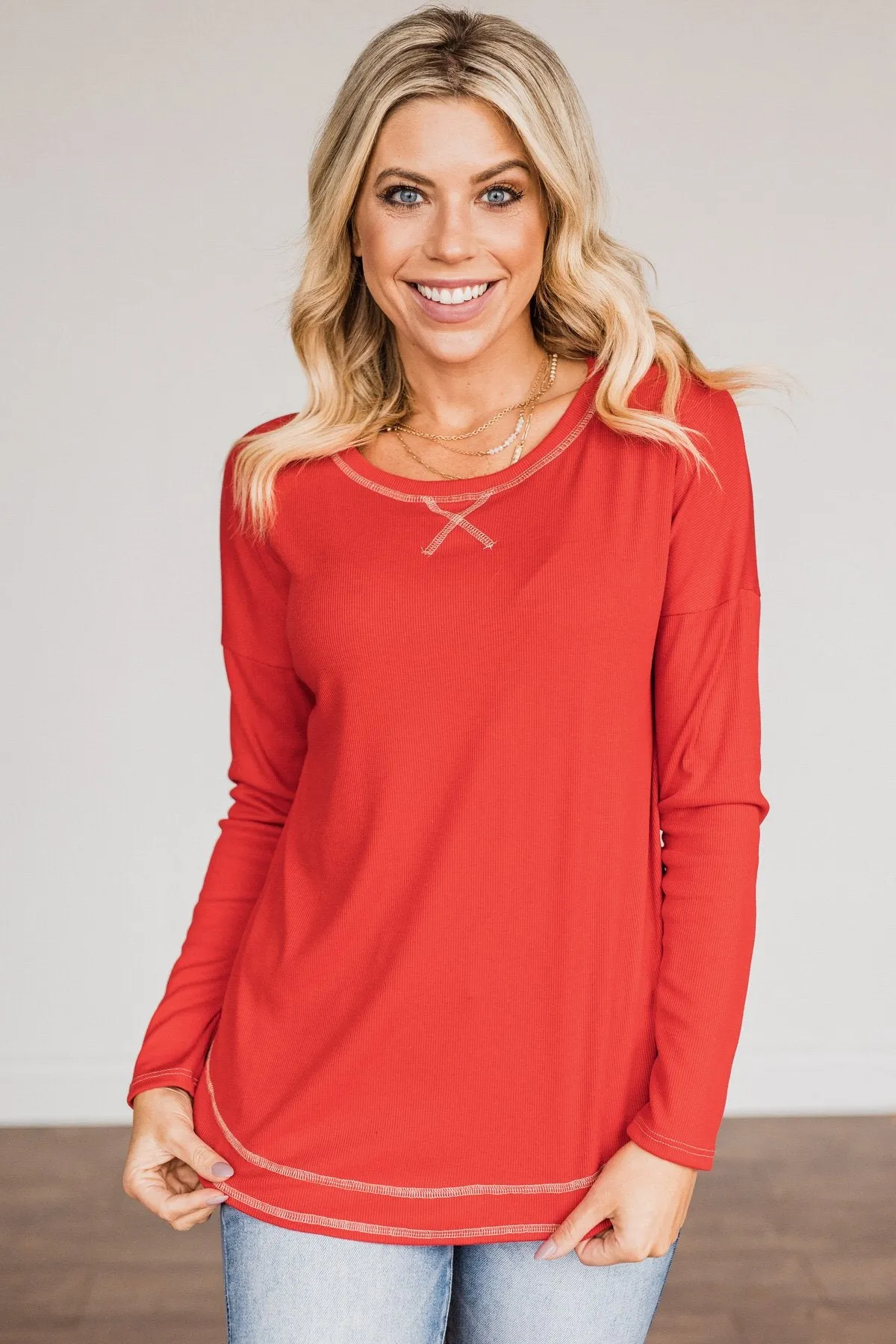 True To Your Heart Long Sleeve Top- Red