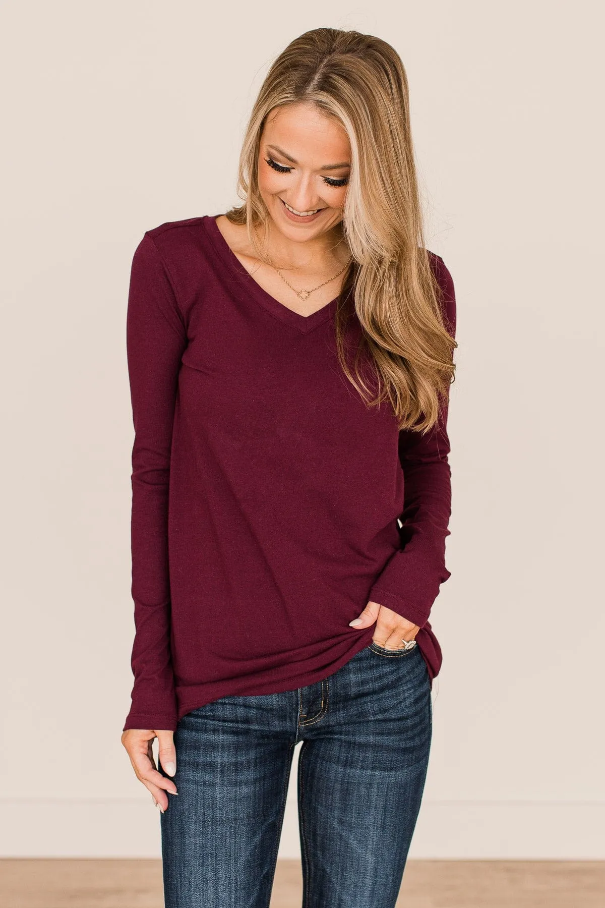 Trust The Timing Long Sleeve Top- Dark Burgundy