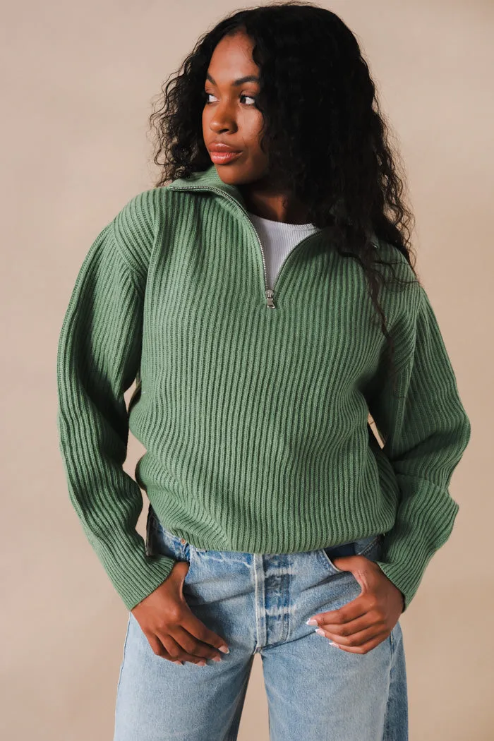 UNISEX HALF ZIP-UP RIBBED WOOL SWEATER