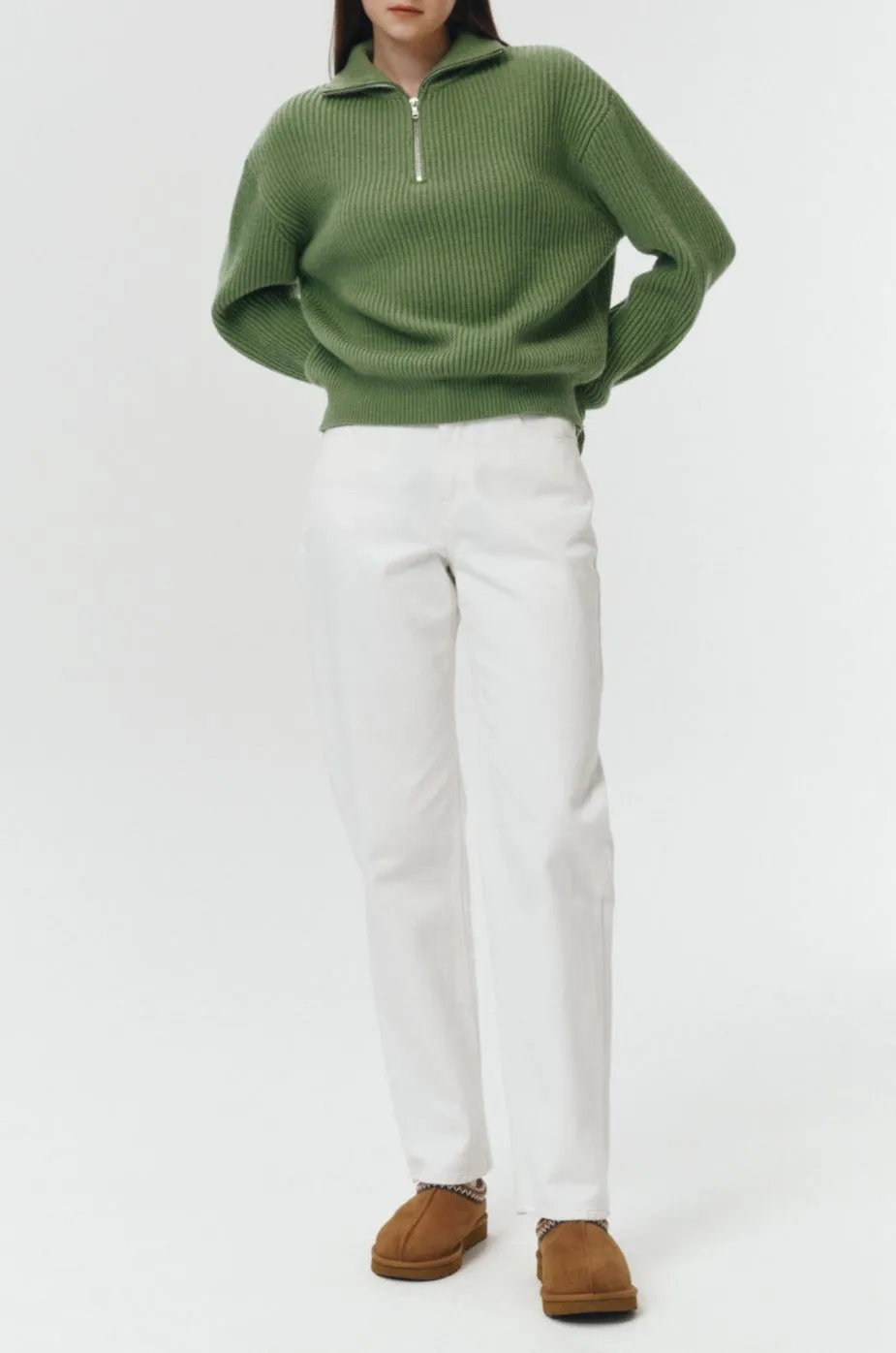 UNISEX HALF ZIP-UP RIBBED WOOL SWEATER