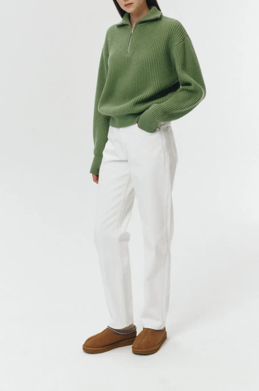 UNISEX HALF ZIP-UP RIBBED WOOL SWEATER