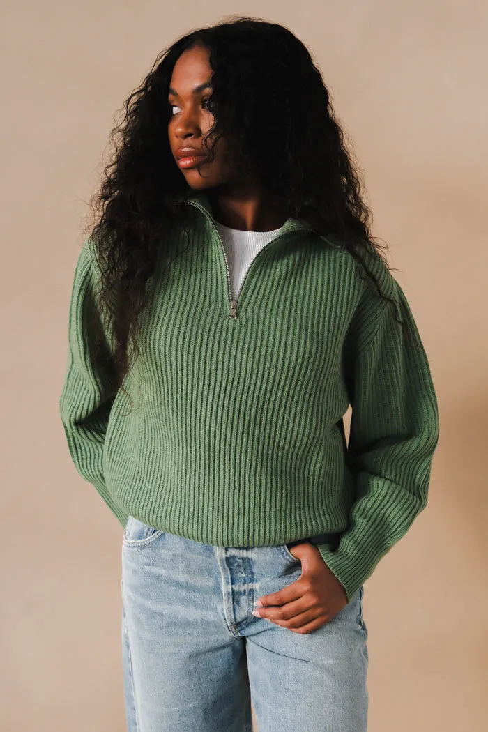 UNISEX HALF ZIP-UP RIBBED WOOL SWEATER