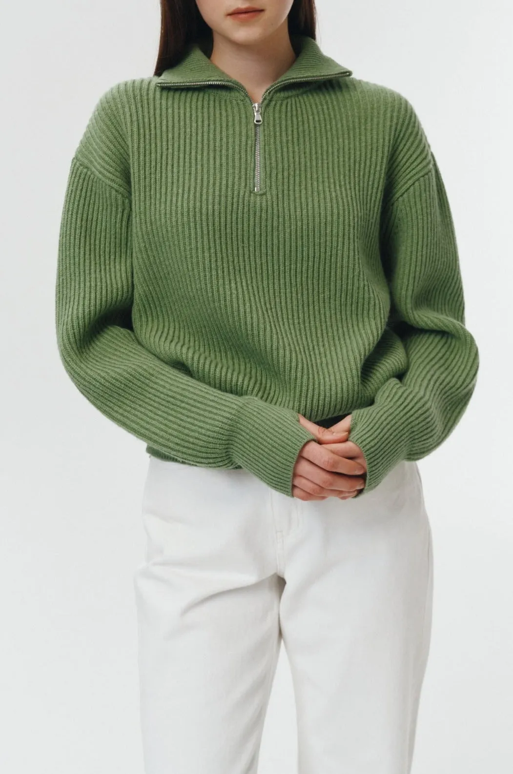 UNISEX HALF ZIP-UP RIBBED WOOL SWEATER