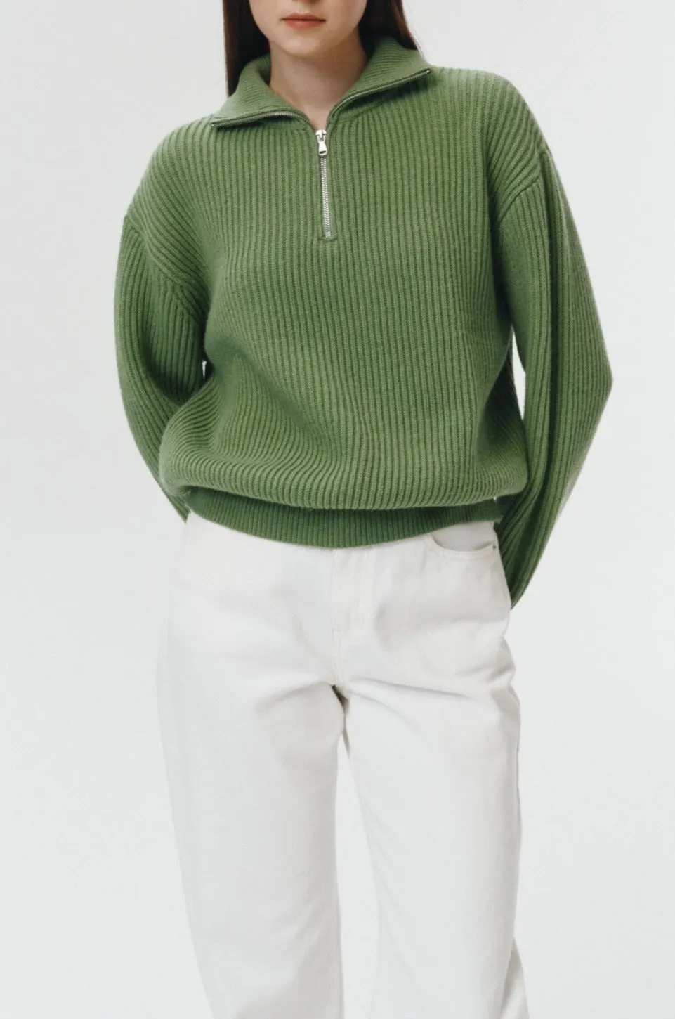 UNISEX HALF ZIP-UP RIBBED WOOL SWEATER