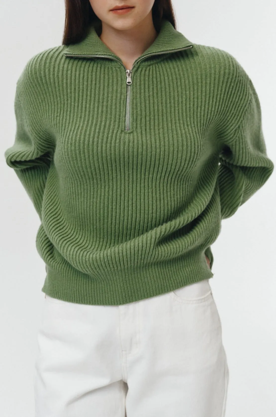 UNISEX HALF ZIP-UP RIBBED WOOL SWEATER