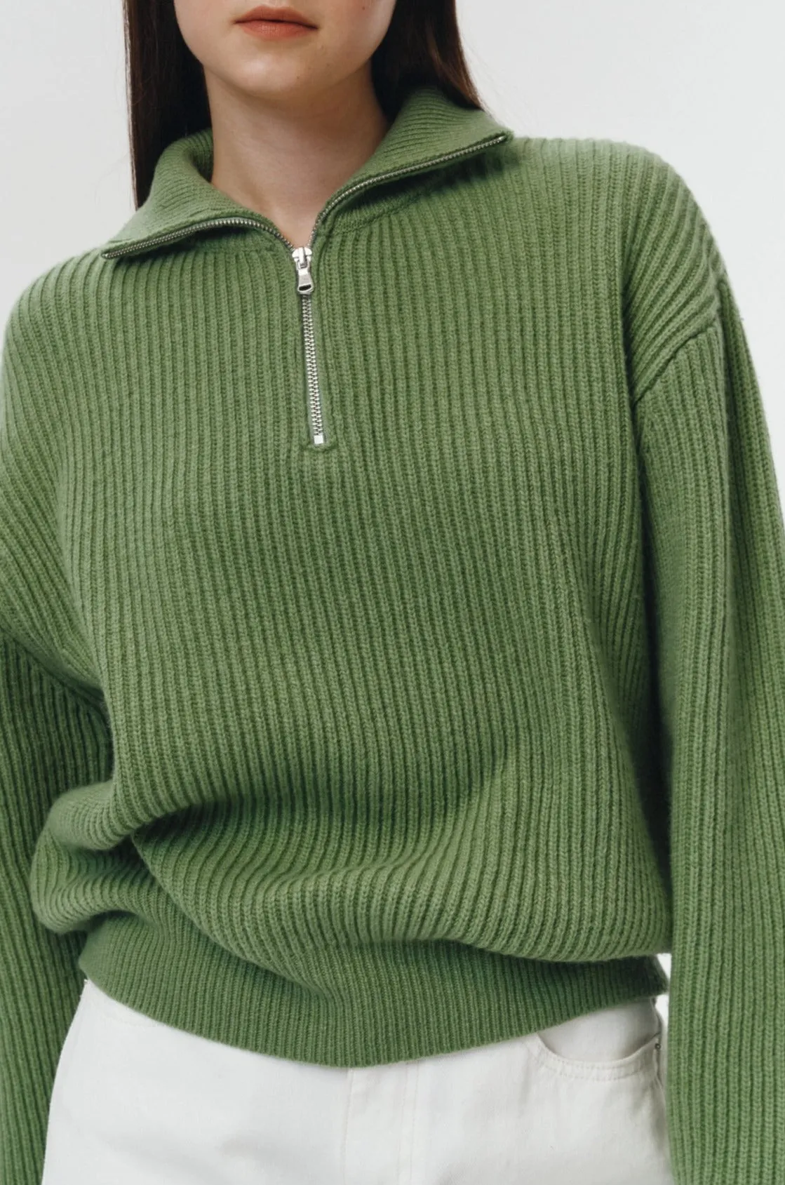 UNISEX HALF ZIP-UP RIBBED WOOL SWEATER