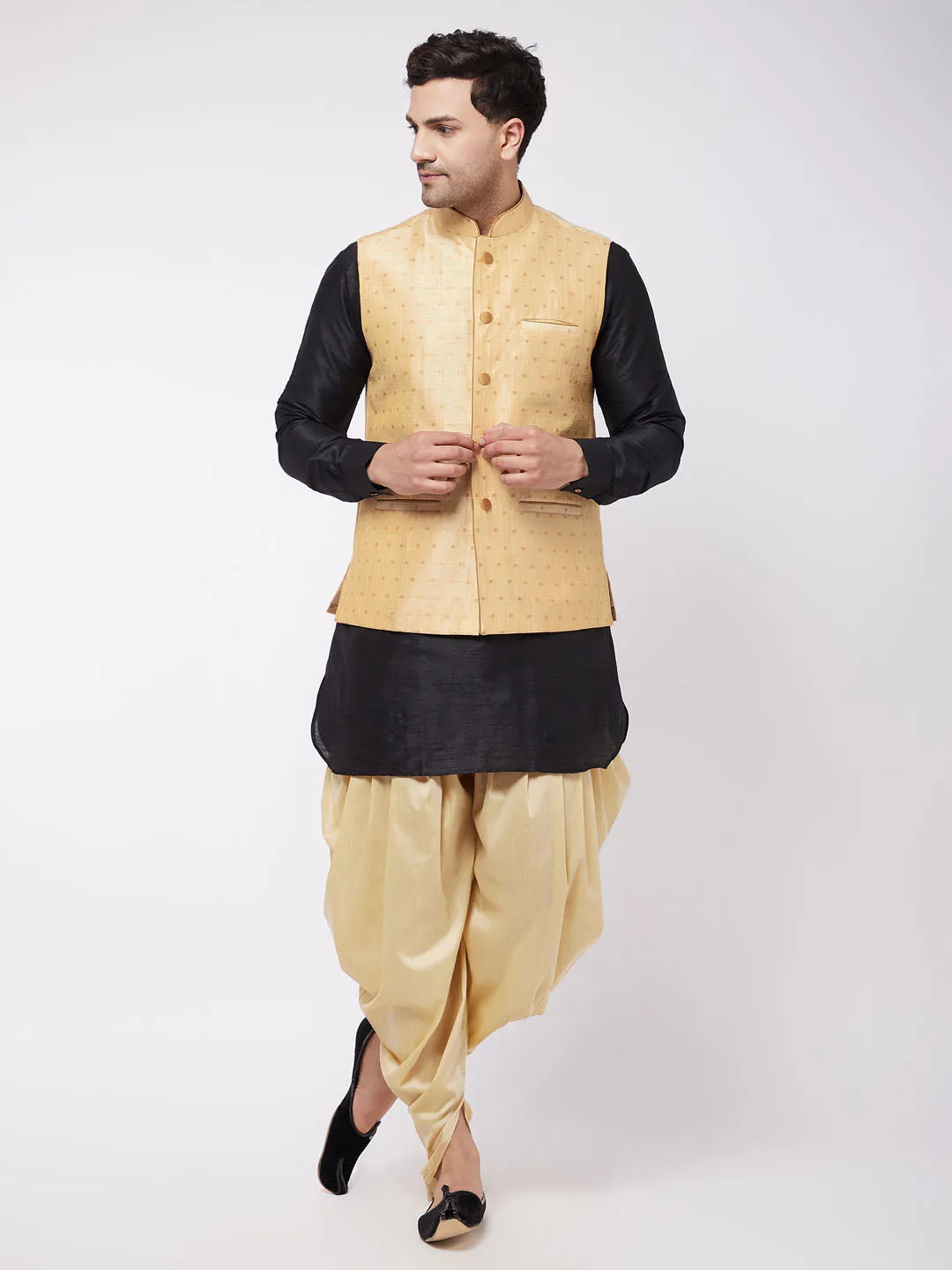 VM By VASTRAMAY Men's Gold Zari Weaved Jacket With Kurta Dhoti Set