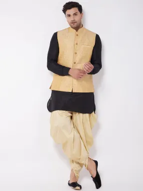 VM By VASTRAMAY Men's Gold Zari Weaved Jacket With Kurta Dhoti Set