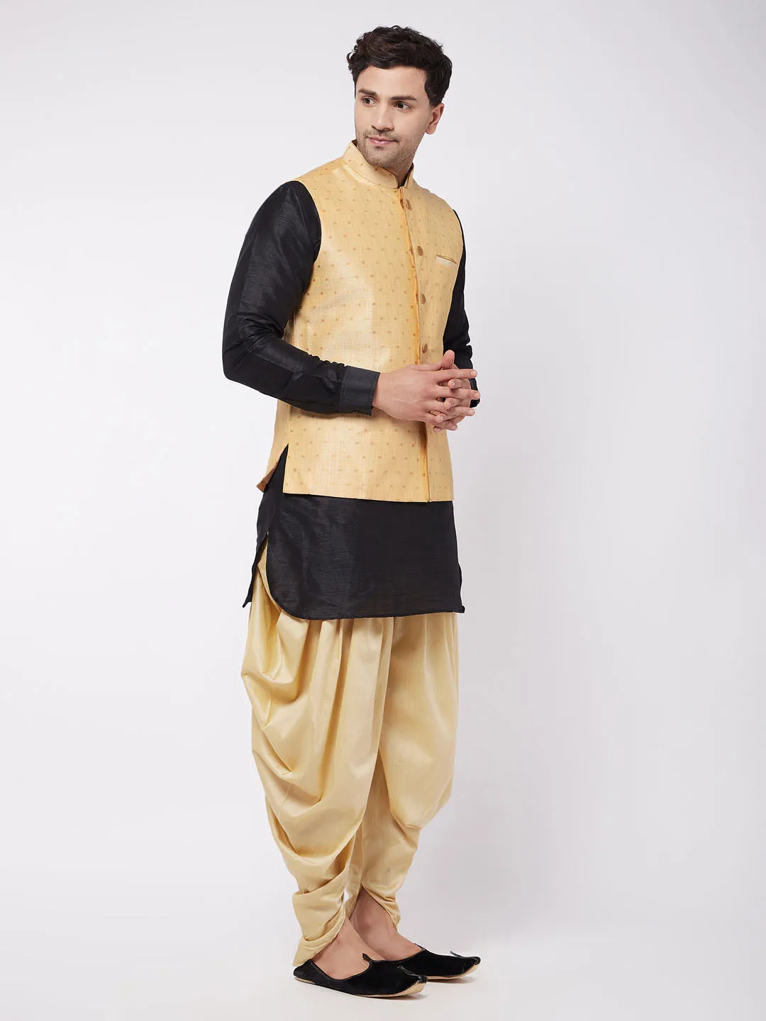 VM By VASTRAMAY Men's Gold Zari Weaved Jacket With Kurta Dhoti Set