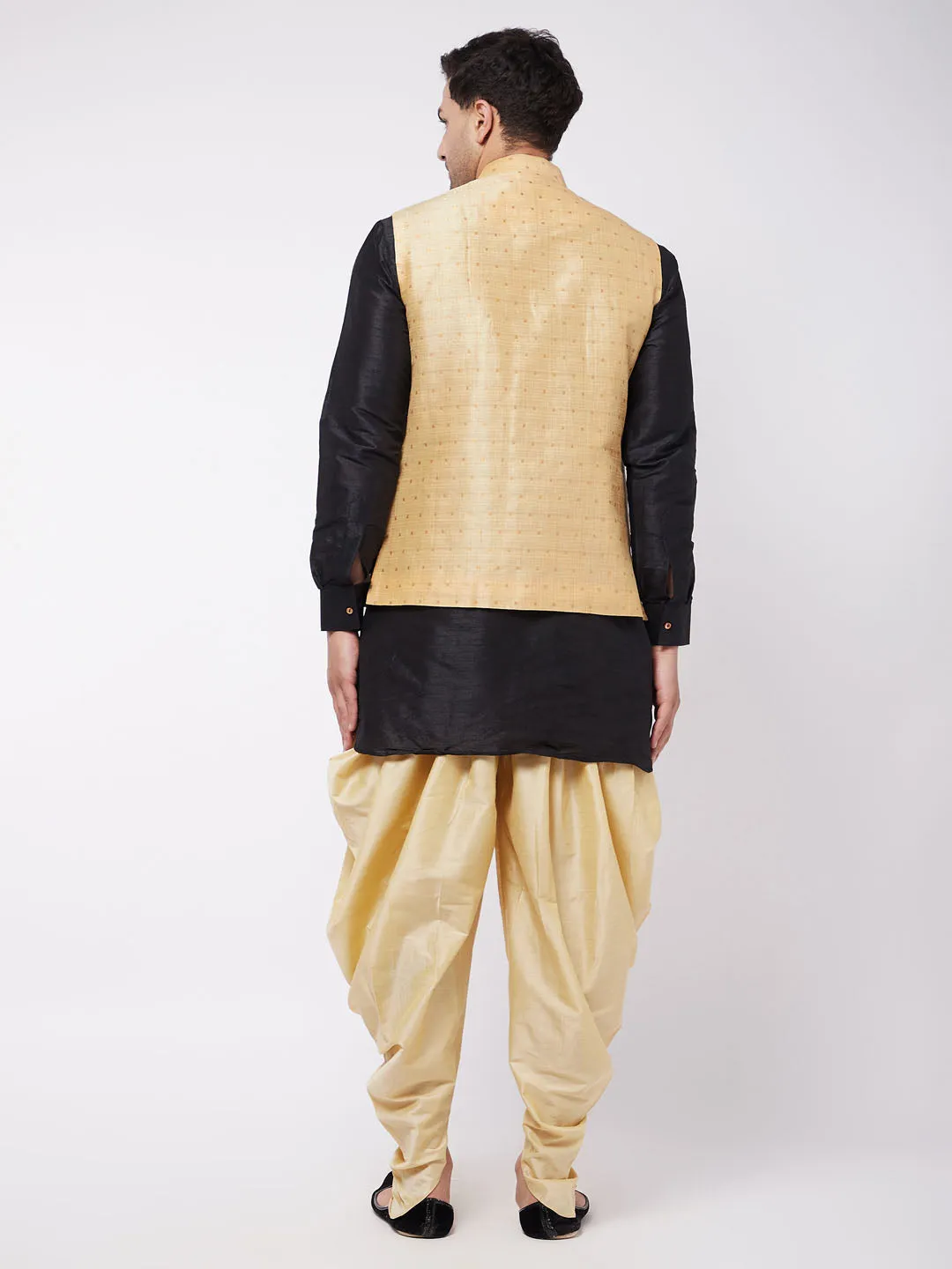 VM By VASTRAMAY Men's Gold Zari Weaved Jacket With Kurta Dhoti Set