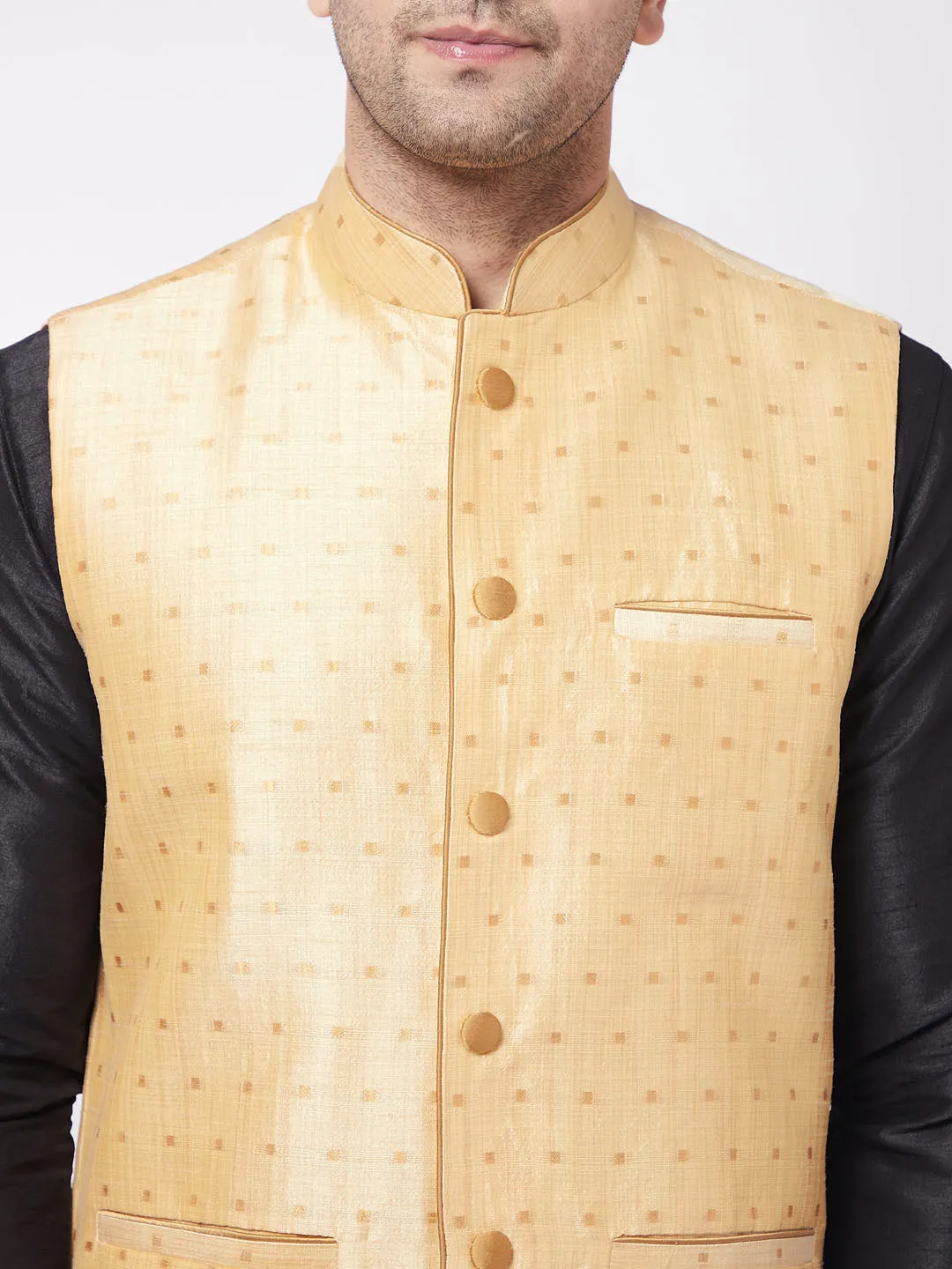 VM By VASTRAMAY Men's Gold Zari Weaved Jacket With Kurta Dhoti Set