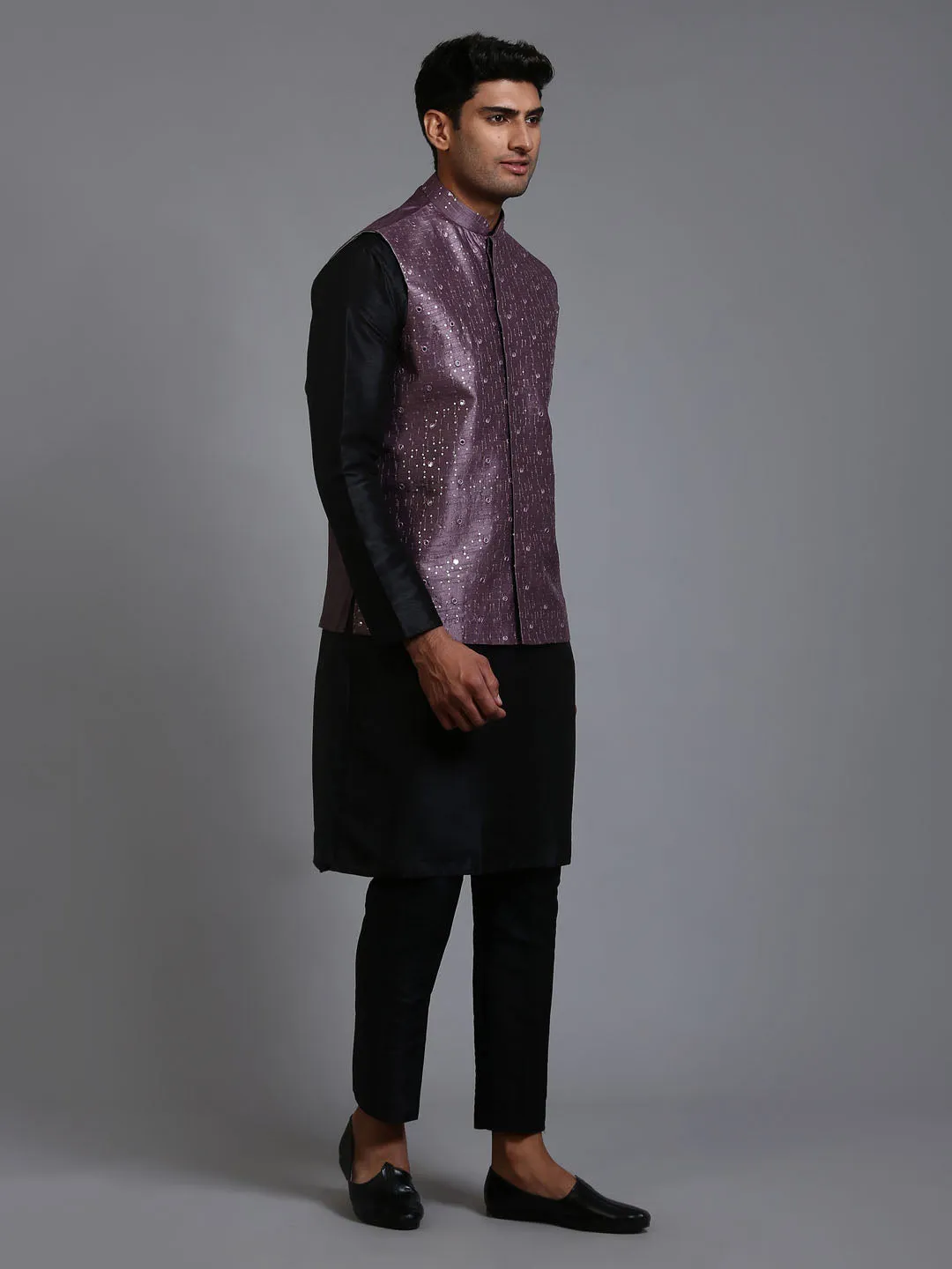 VM BY VASTRAMAY Men's Purple Embellished Jacket with Black Kurta Pant Set