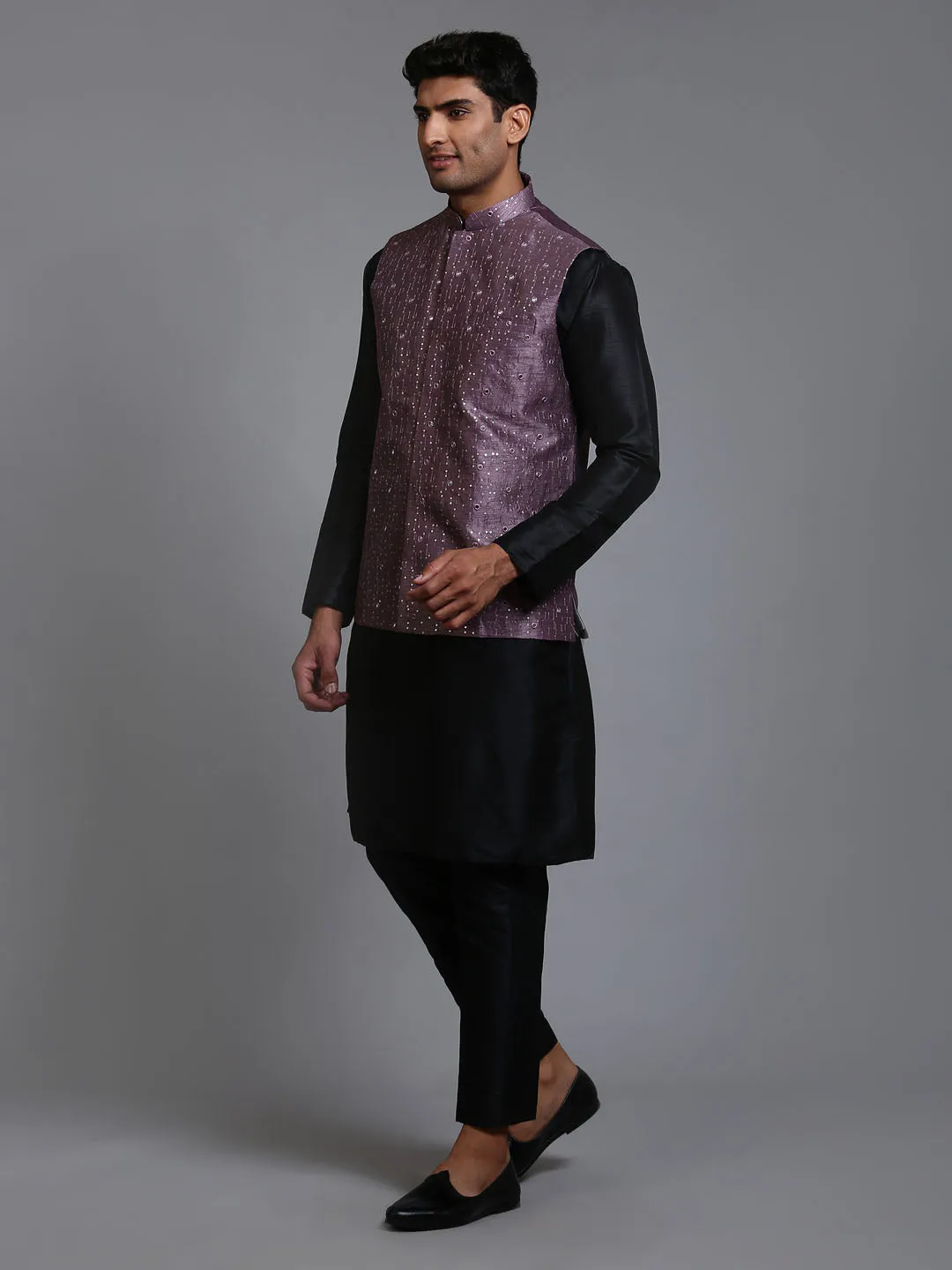 VM BY VASTRAMAY Men's Purple Embellished Jacket with Black Kurta Pant Set