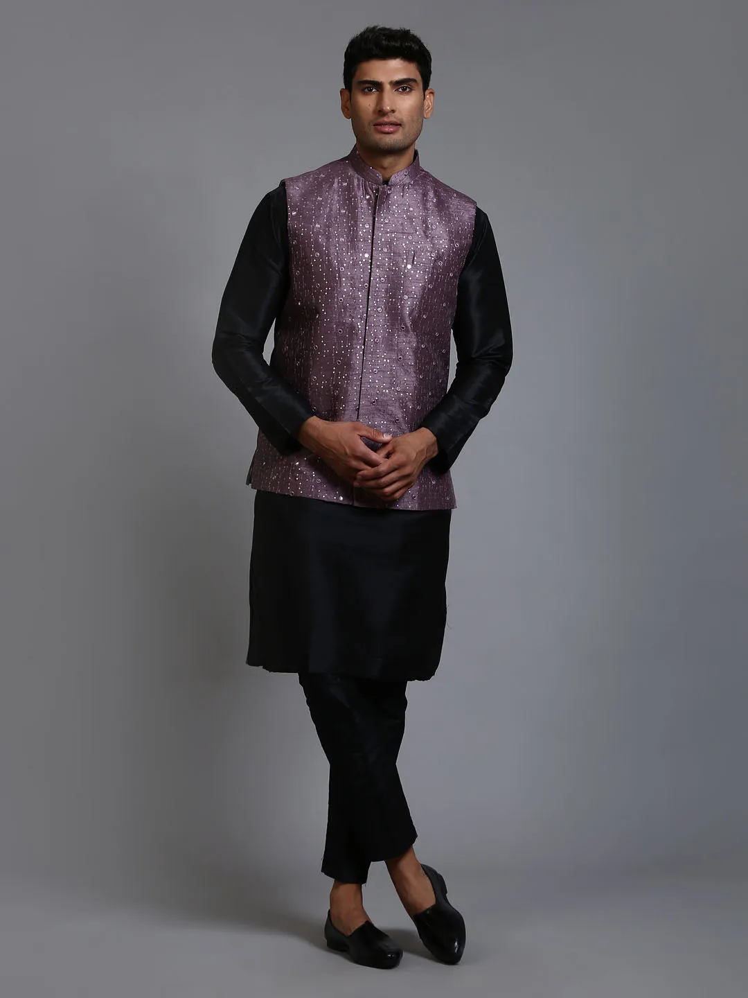 VM BY VASTRAMAY Men's Purple Embellished Jacket with Black Kurta Pant Set