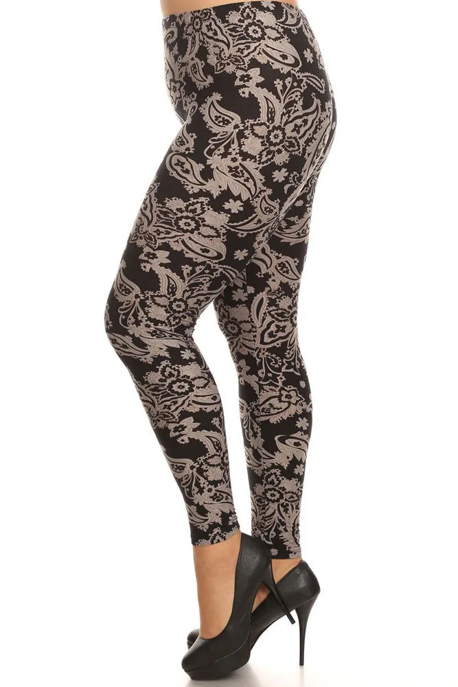 Women's Plus Fire Flower Pattern Print Leggings - Black Grey